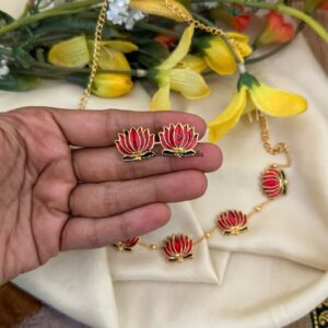 Budgeted Lotus Enamel painted necklace set - Red Green