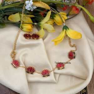 Budgeted Lotus Enamel painted necklace set - Red Green