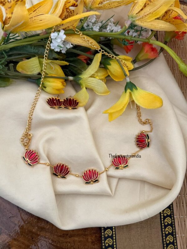 Budgeted Lotus Enamel painted necklace set - Red Green