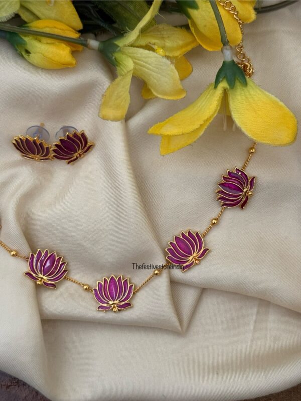 Budgeted Lotus Enamel painted necklace set - Purple