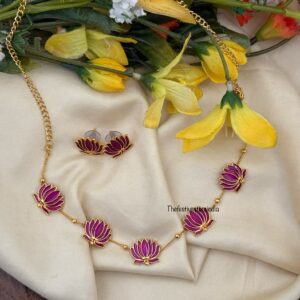 Budgeted Lotus Enamel painted necklace set - Purple