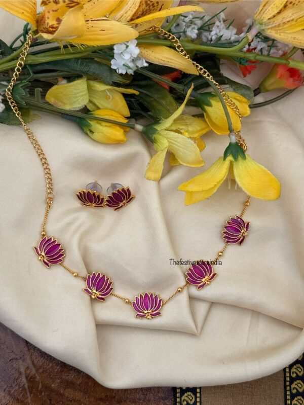 Budgeted Lotus Enamel painted necklace set - Purple
