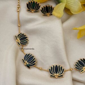 Budgeted Lotus Enamel painted necklace set - Green
