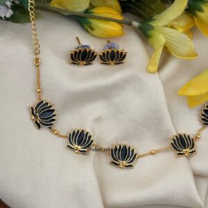 Budgeted Lotus Enamel painted necklace set - Black