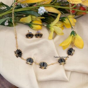 Budgeted Lotus Enamel painted necklace set - Black