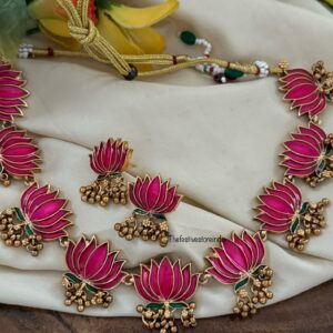 Budgeted Enamel Painted Pink Green Lotus Set