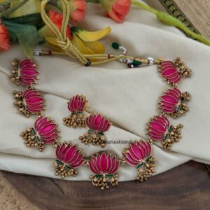Budgeted Enamel Painted Pink Green Lotus Set