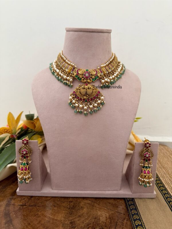 Jadau Antique polish Bridal necklace with jhumkas