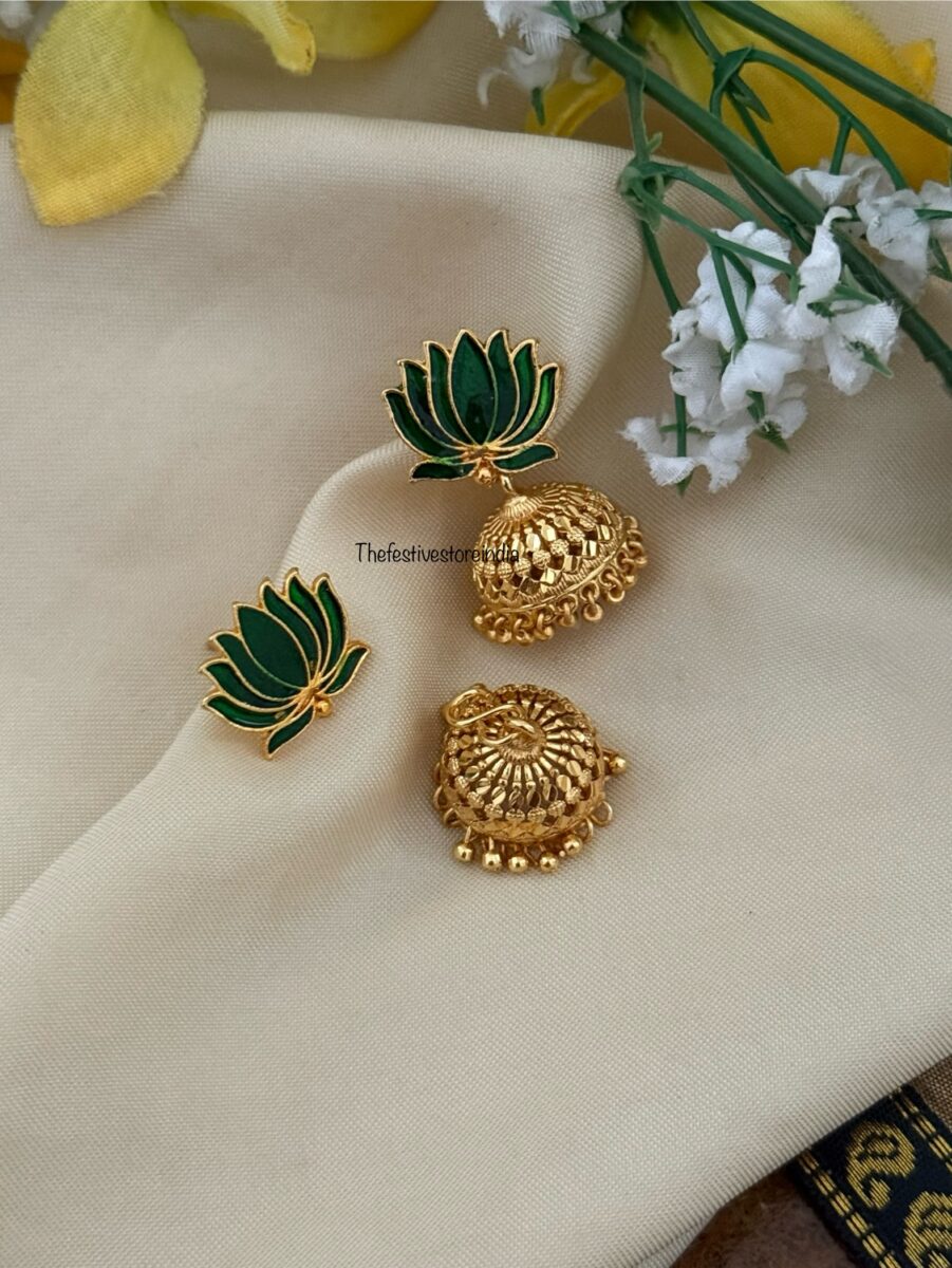 Green Enamel painted Lotus with detachable jhumkas