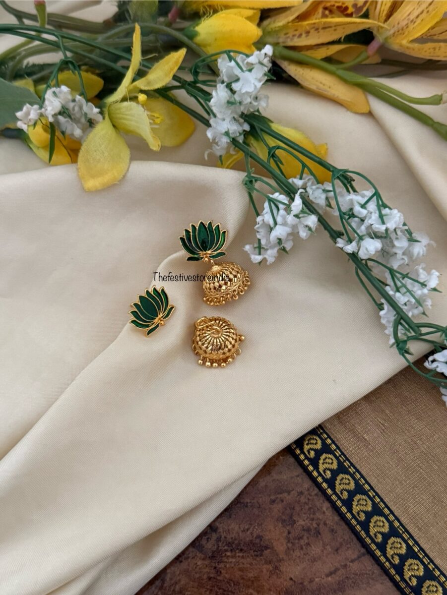 Green Enamel painted Lotus with detachable jhumkas