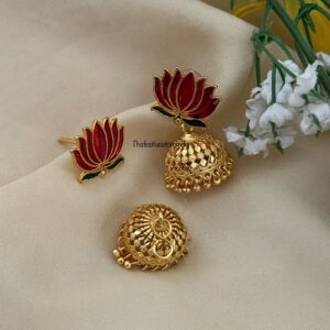 Red Green Enamel painted Lotus with detachable jhumkas