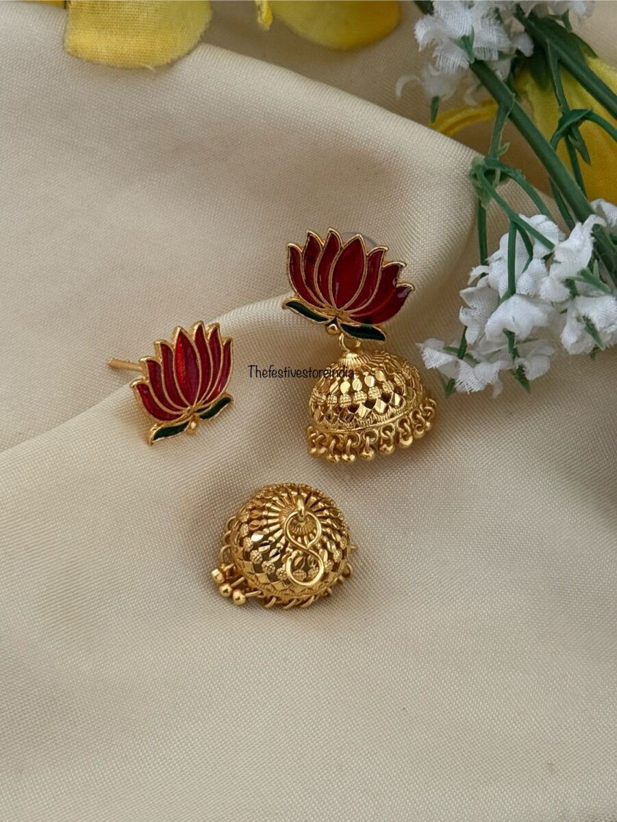 Red Green Enamel painted Lotus with detachable jhumkas