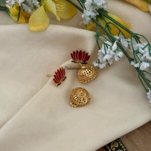 Red Green Enamel painted Lotus with detachable jhumkas