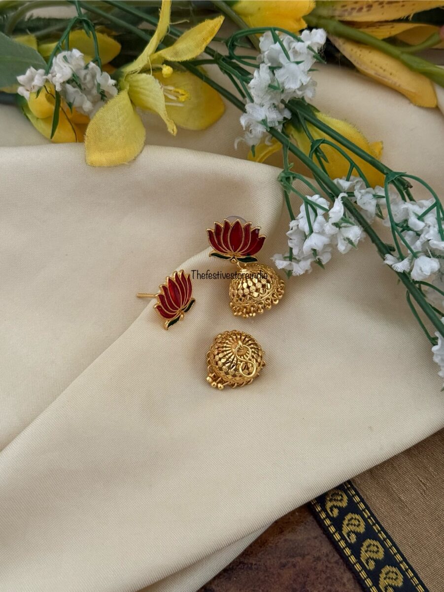 Red Green Enamel painted Lotus with detachable jhumkas