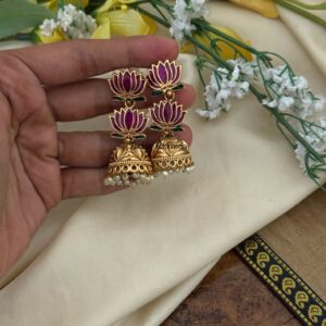 Purple Enamel painted Lotus Matte jhumkas
