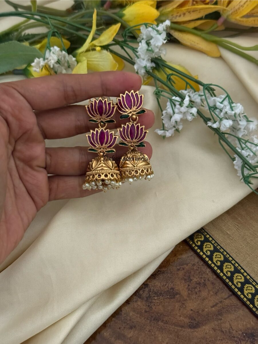 Purple Enamel painted Lotus Matte jhumkas