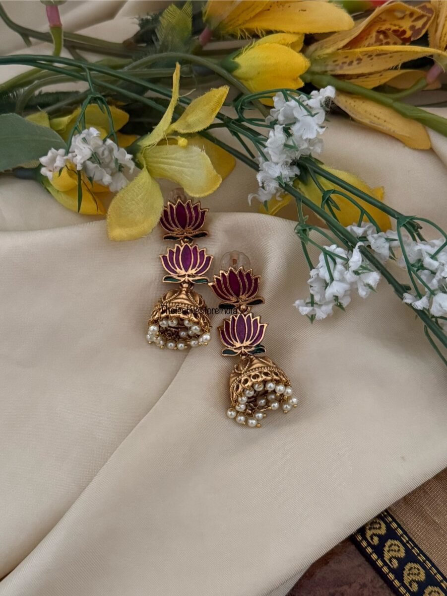 Purple Enamel painted Lotus Matte jhumkas - 5cms