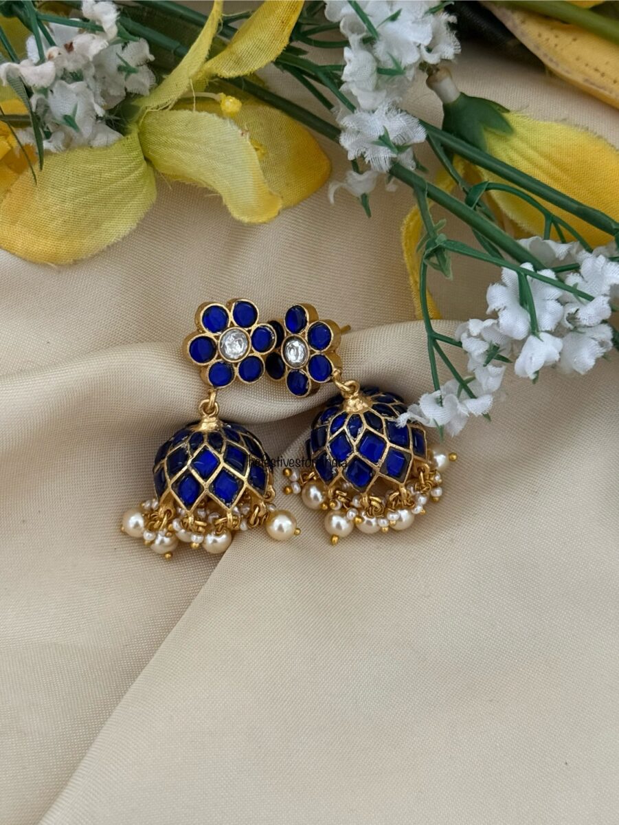 Classic Jadau stone Bridal jhumkas - BLUE