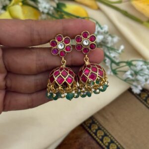 Classic Jadau Red stone with Green drop beads Bridal jhumkas