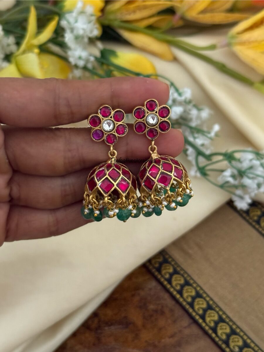 Classic Jadau Red stone with Green drop beads Bridal jhumkas