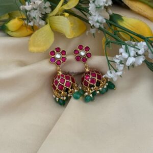 Classic Jadau Red stone with Green drop beads Bridal jhumkas