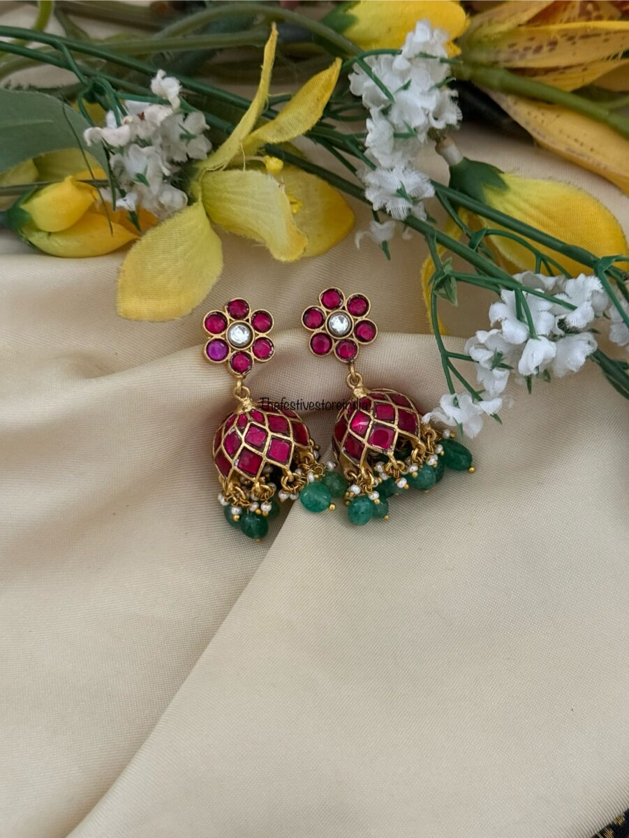 Classic Jadau Red stone with Green drop beads Bridal jhumkas