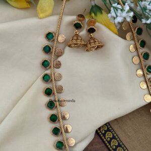 Budgeted Kaasu & Green enamel painted block Haaram set | long chain | Bridal