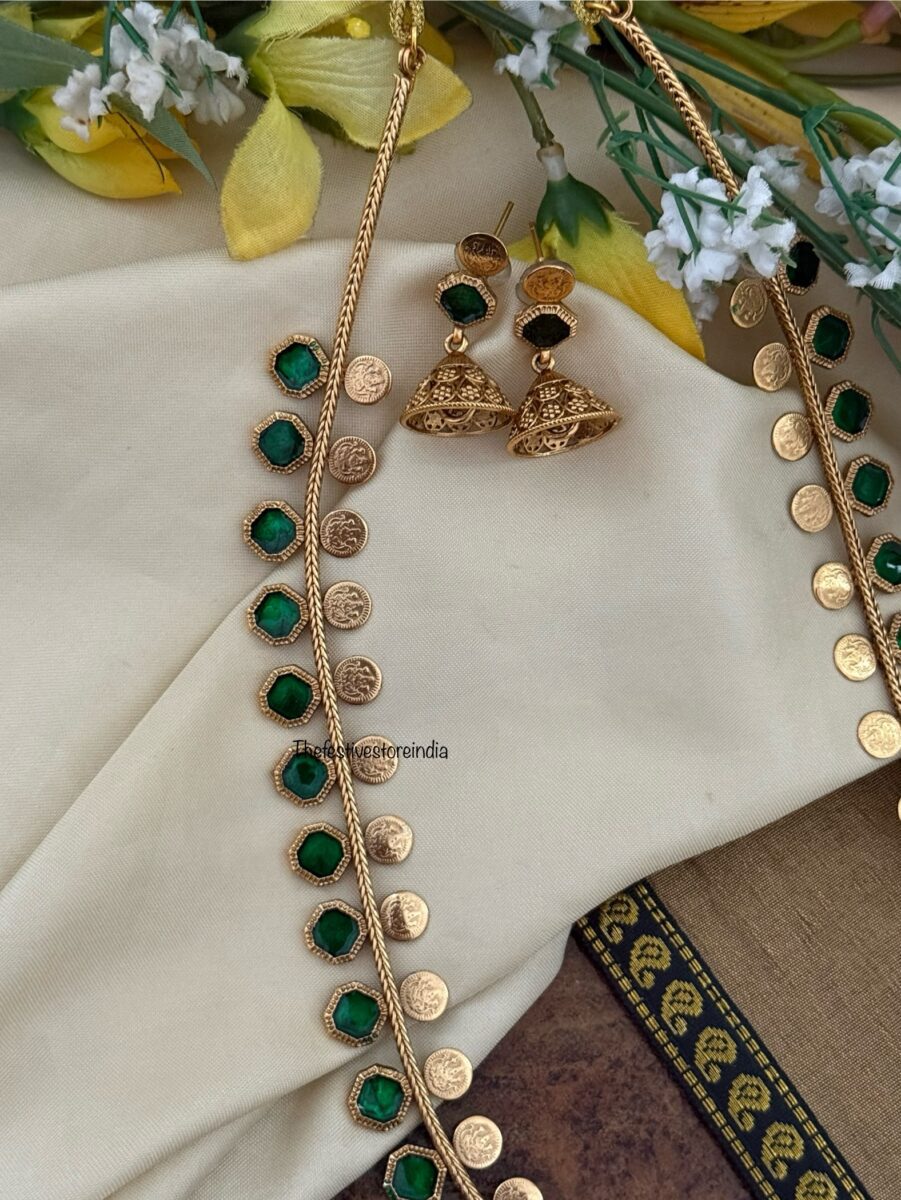 Budgeted Kaasu & Green enamel painted block Haaram set | long chain | Bridal