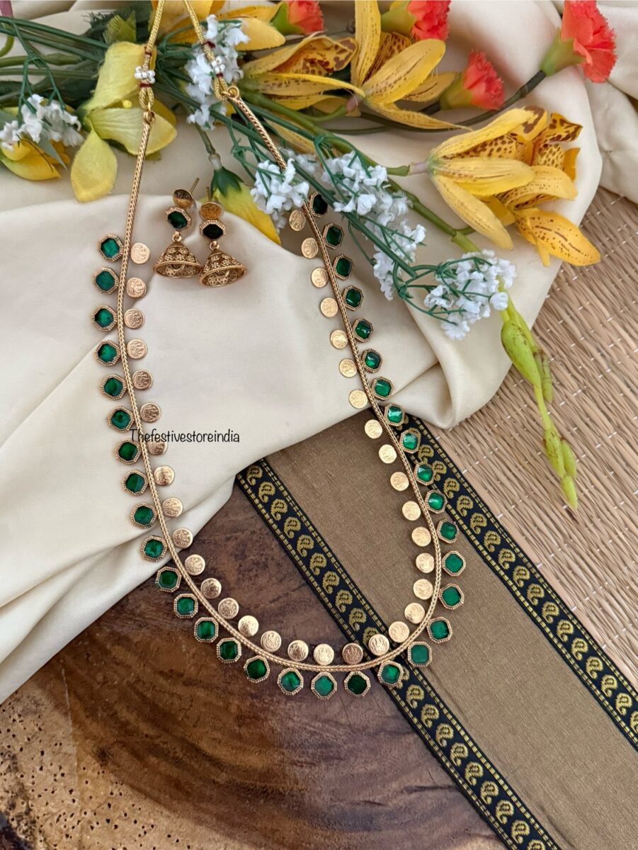 Budgeted Kaasu & Green enamel painted block Haaram set | long chain | Bridal