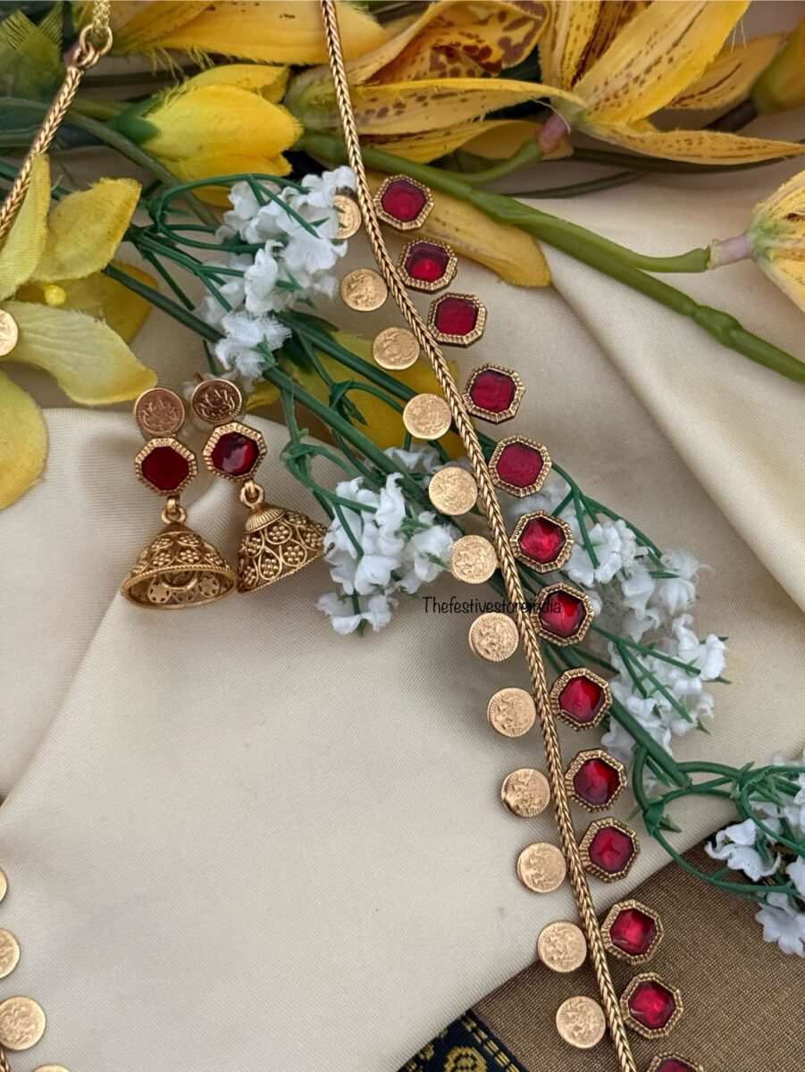 Budgeted Kaasu & Red enamel painted block Haaram set | long chain | Bridal
