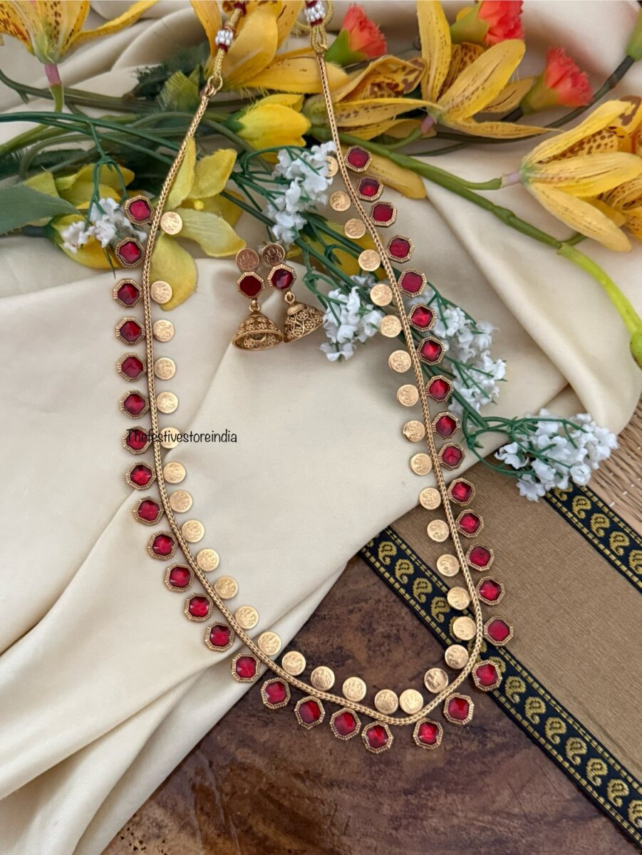 Budgeted Kaasu & Red enamel painted block Haaram set | long chain | Bridal