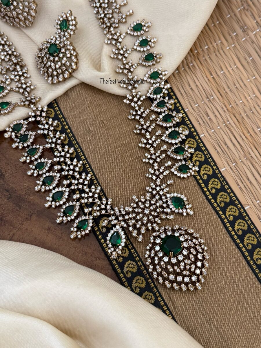 Bridal diamonds wit emerald stone Haaram set | long chain | Bridal