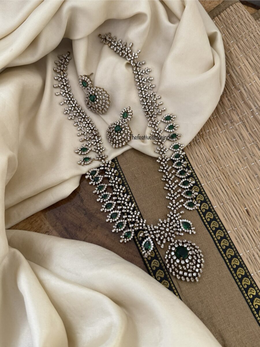 Bridal diamonds wit emerald stone Haaram set | long chain | Bridal