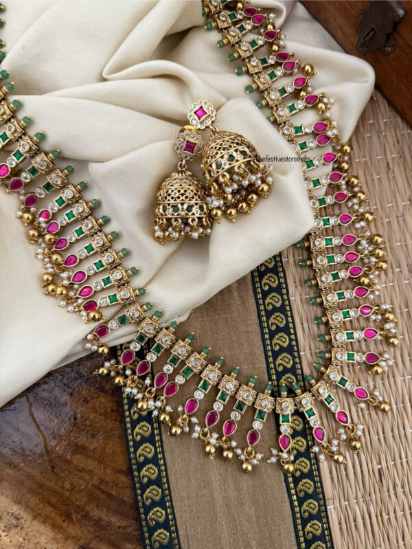 Jadau stones haaram with jhumkas set | Long chain | Bridal