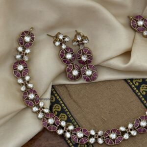 Dark red Jadau and Moissanite stones Simple necklace set