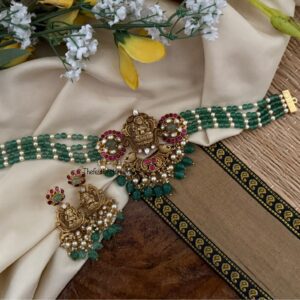 Bridal Jadau green beads Lakshmi choker set
