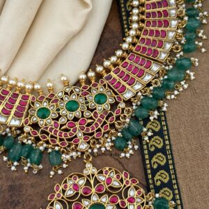 Classic Jadau all kemp with green drop necklace set