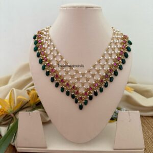 Close knit Jadau pearls with kemp stones green drop hanging chain | Unique