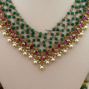 Close knit Jadau green beads with kemp stones & pearls hanging chain | Unique