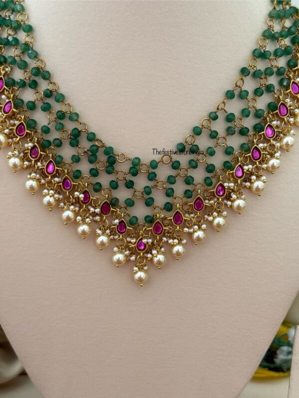 Close knit Jadau green beads with kemp stones & pearls hanging chain | Unique