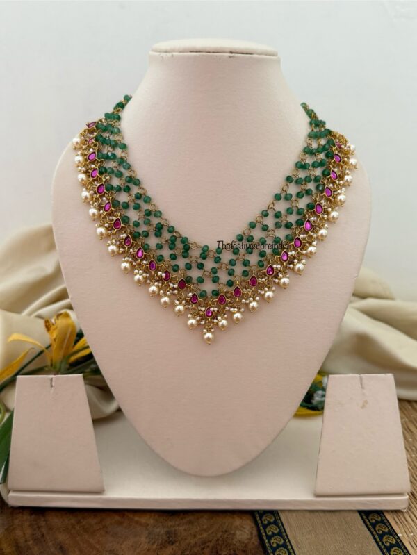 Close knit Jadau green beads with kemp stones & pearls hanging chain | Unique