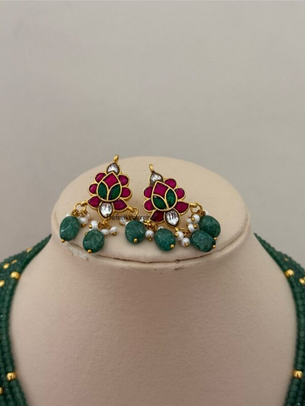 Mid length big Jadau pendant green haaram with screwback earrings