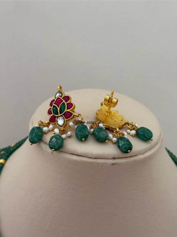 Mid length big Jadau pendant green haaram with screwback earrings