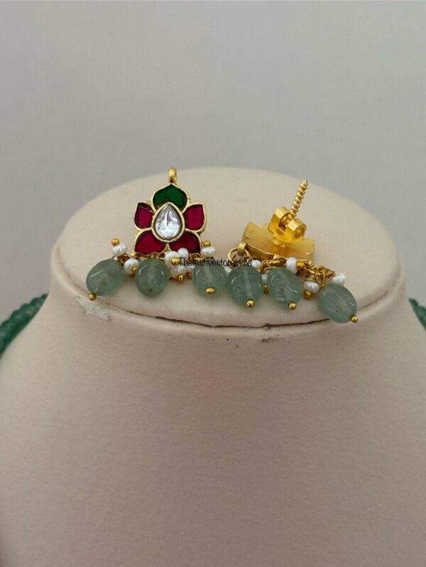 Classic Mid length Jadau pendant green haaram with screwback earrings