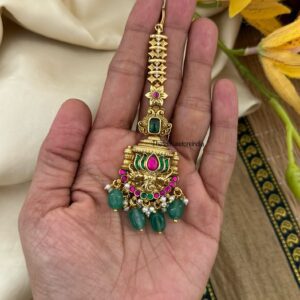 Non idol lotus Maangtikka with green beads | Head gear