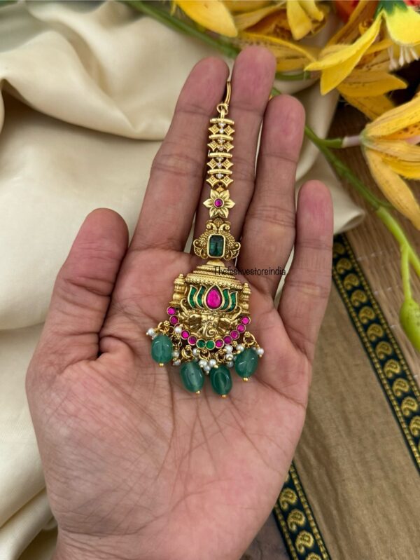 Non idol lotus Maangtikka with green beads | Head gear