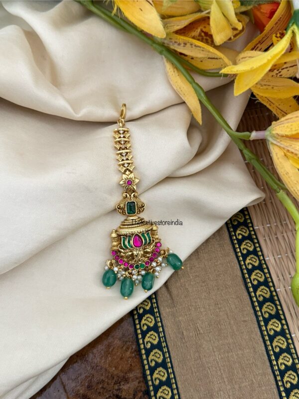 Non idol lotus Maangtikka with green beads | Head gear