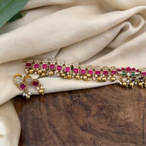 Jadau stones classic Lotus choker necklace set - Gold drop beads