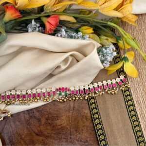 Jadau stones classic Lotus choker necklace set - Gold drop beads
