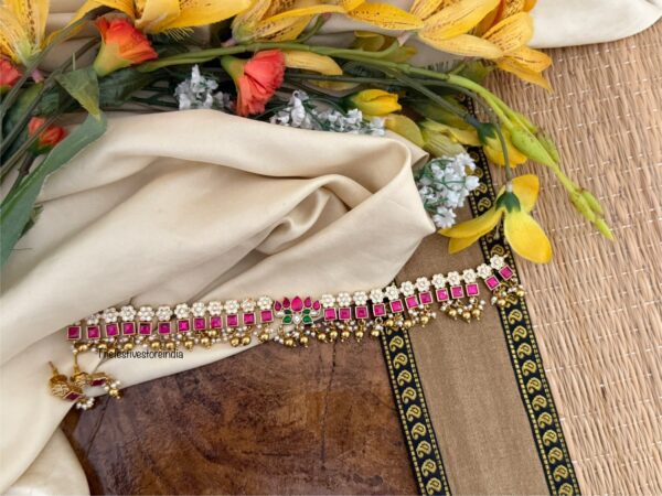 Jadau stones classic Lotus choker necklace set - Gold drop beads